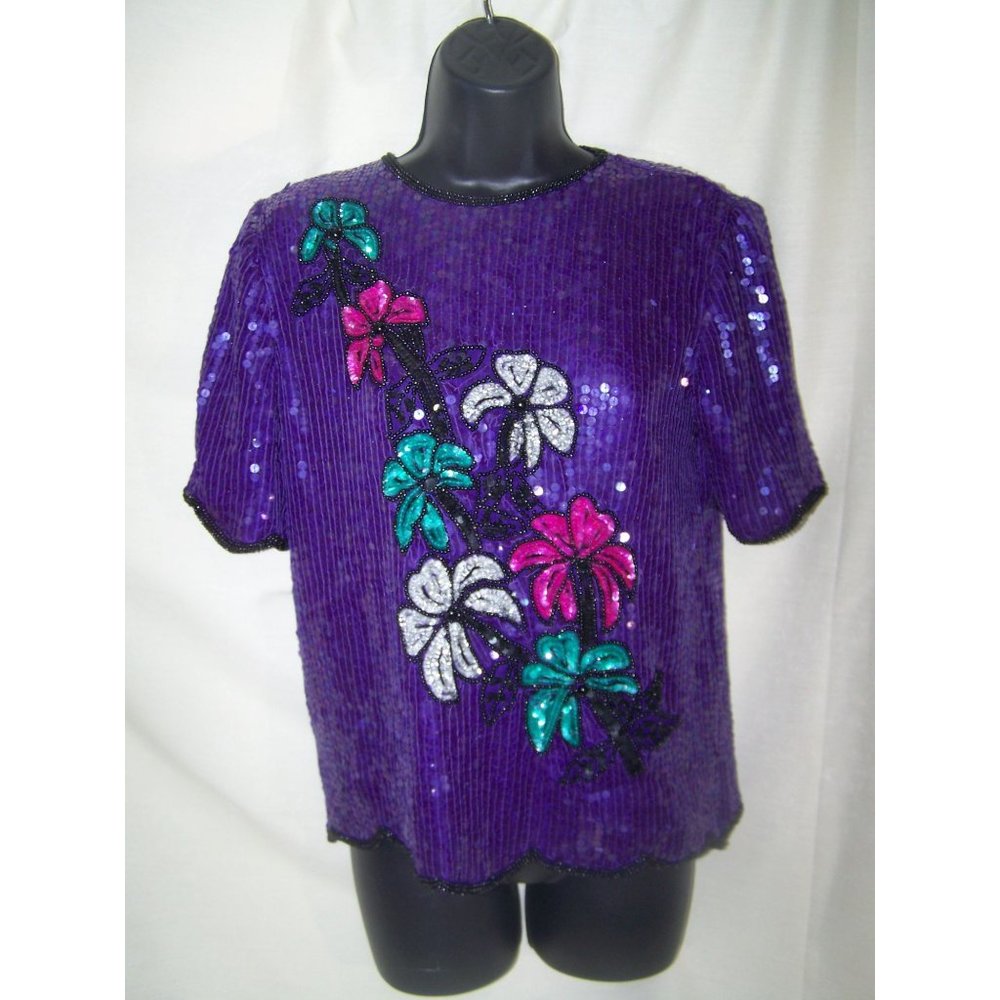 Vintage Sequins Top Stenay Silk Purple Size PP Petites